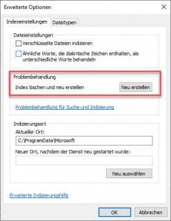 Den Windows Suchindex neu erstellen lassen