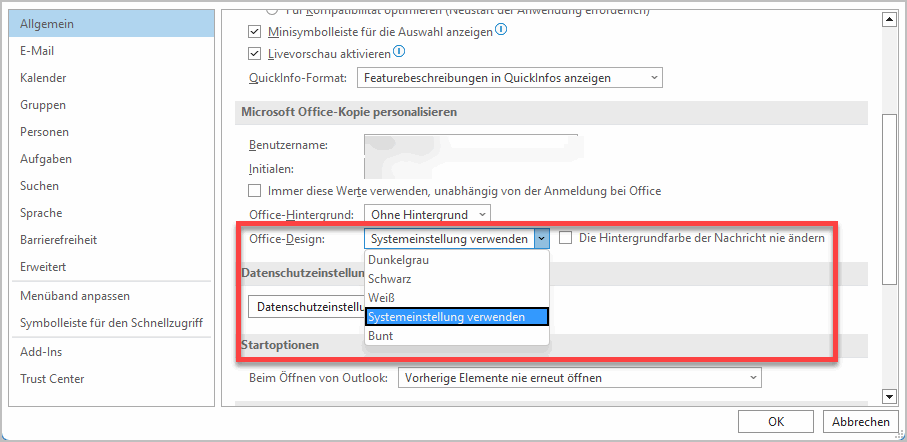 Umstellen des Office-Designs unter Optionen - Allgemeein - Office-Design