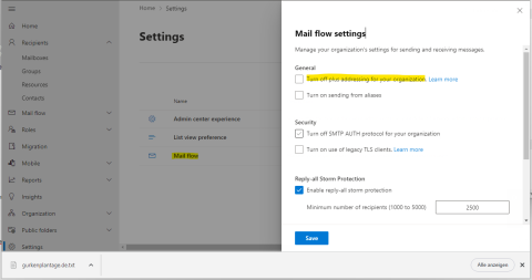 Im Exchange-Admin-Portal in den Settings unter Mail-Flow können Sie die Plus-Adressierung deaktivieren.